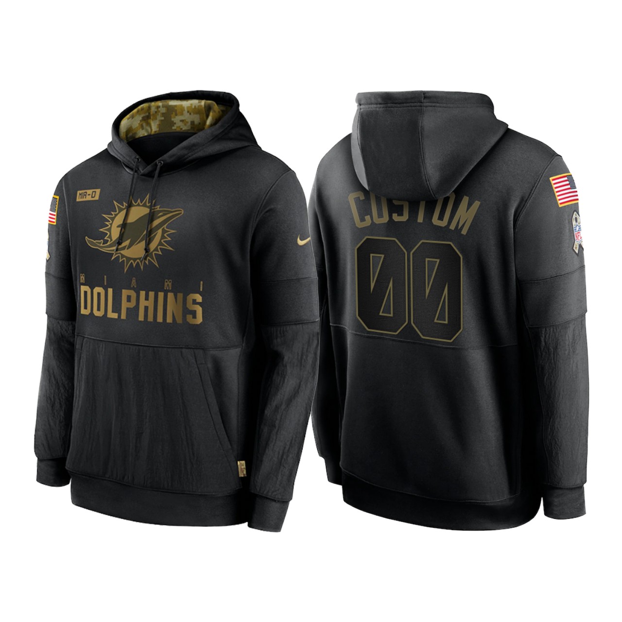 Men's Miami Dolphins Customized 2020 Black Salute To Service Sideline Performance Pullover Hoodie